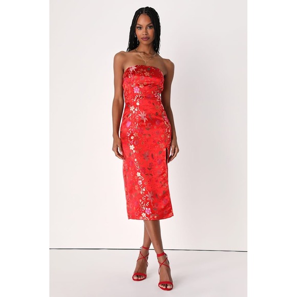 Lulus Dresses & Skirts - Lulus Make a Move Red Satin Floral Jacquard Strapless Midi Dress Size Large NWT